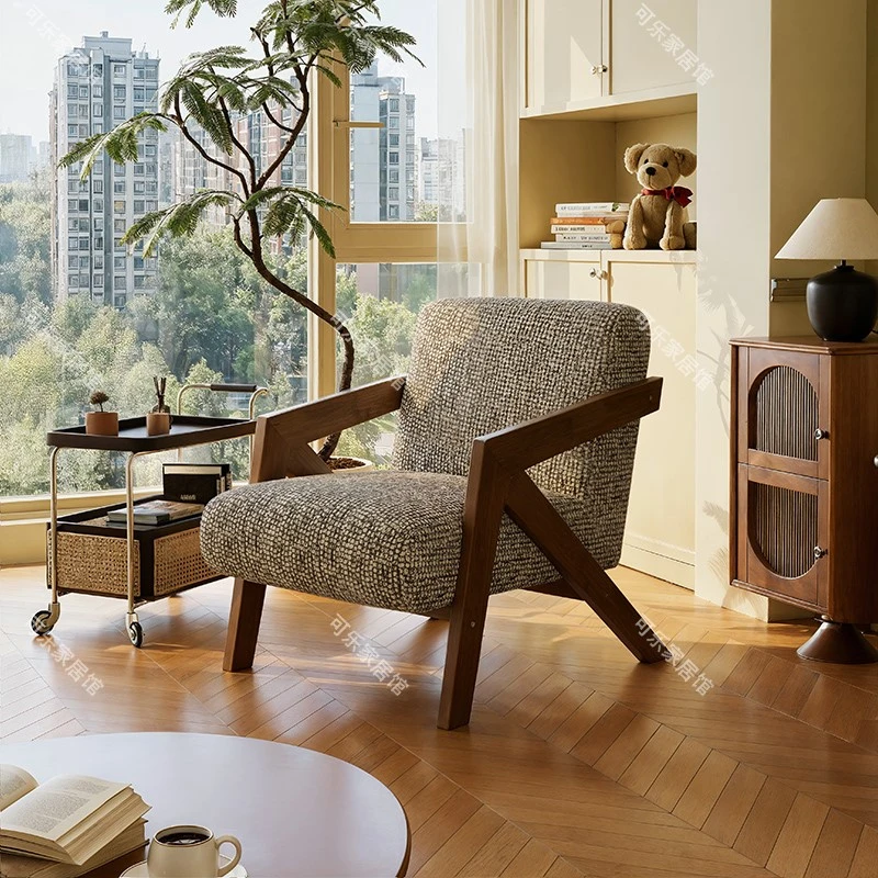 理查德椅家用轻奢复古实木单人椅设计师中古风客厅阳台懒人沙发椅