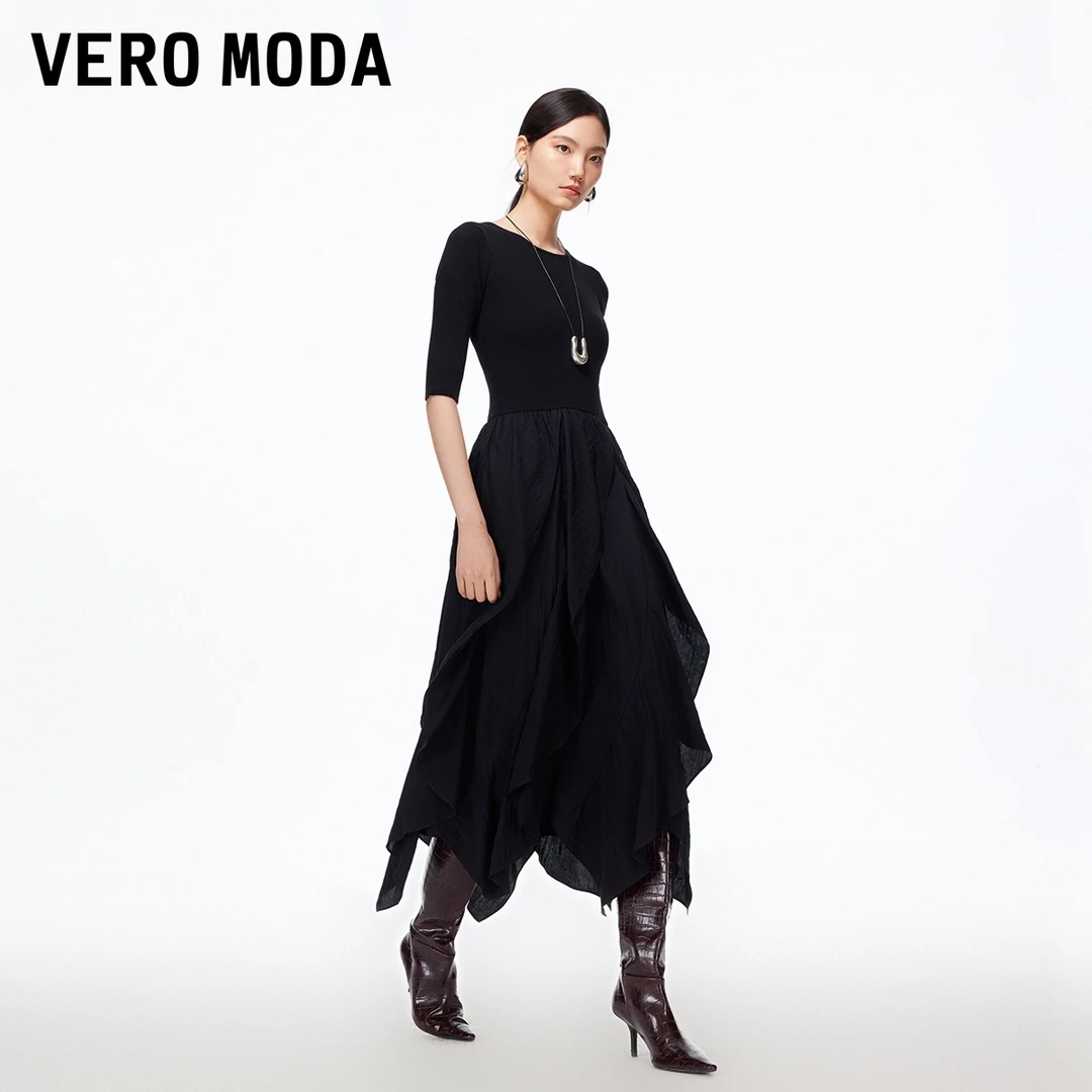 Vero Moda连衣裙2025秋季新款层叠裙摆拼接收腰中长裙洋气高级感