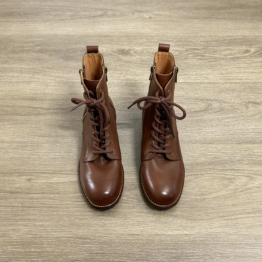 Dannyfrey头层牛皮秋冬新款时尚百搭圆头女新款系带马丁靴3.5CM