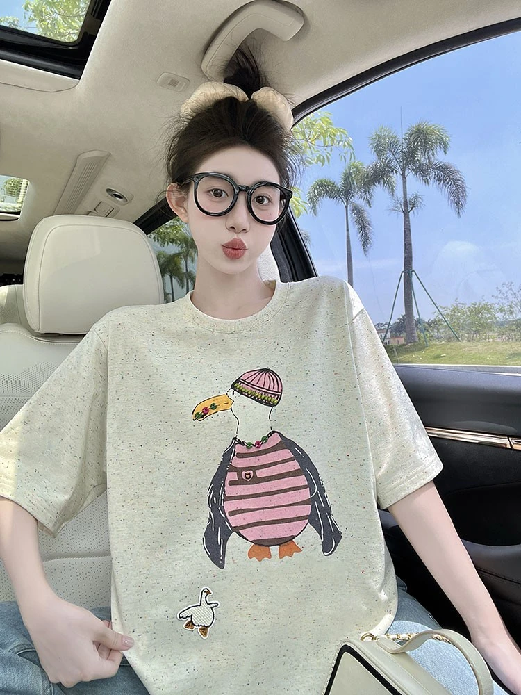 美式复古卡通印花T恤女2025夏季新款设计感宽松休闲减龄正肩上衣