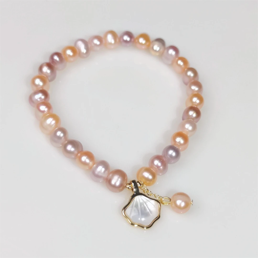 6-7mm天然淡水珍珠糖果色贝母弹力绳珍珠手串0854【多样性发一】