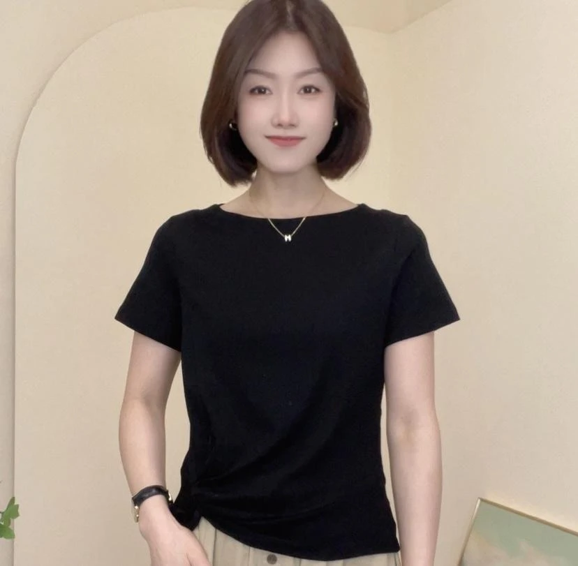 夏季新款时尚纯色圆领短袖T恤气质百搭显瘦减龄不规则女休闲
