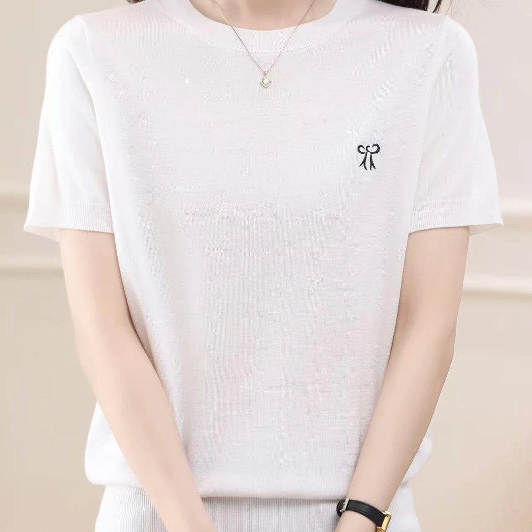 圆领短袖短款常规款刺绣毛针织衫百搭老钱风针织