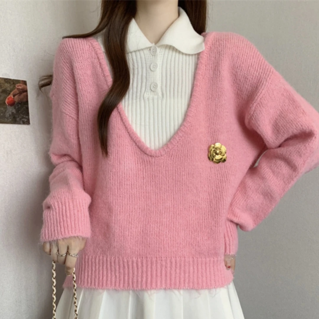 可爱甜美法式学院风POLO领秋季新款假两件针织衫宽松休闲百搭毛衣