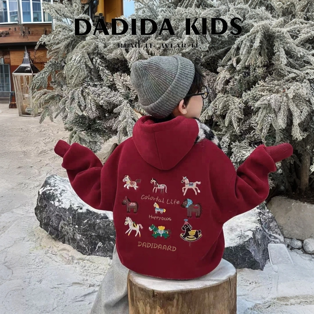 dadida/嗒嘀嗒小马酒红连帽加绒潮酷卫衣505180485
