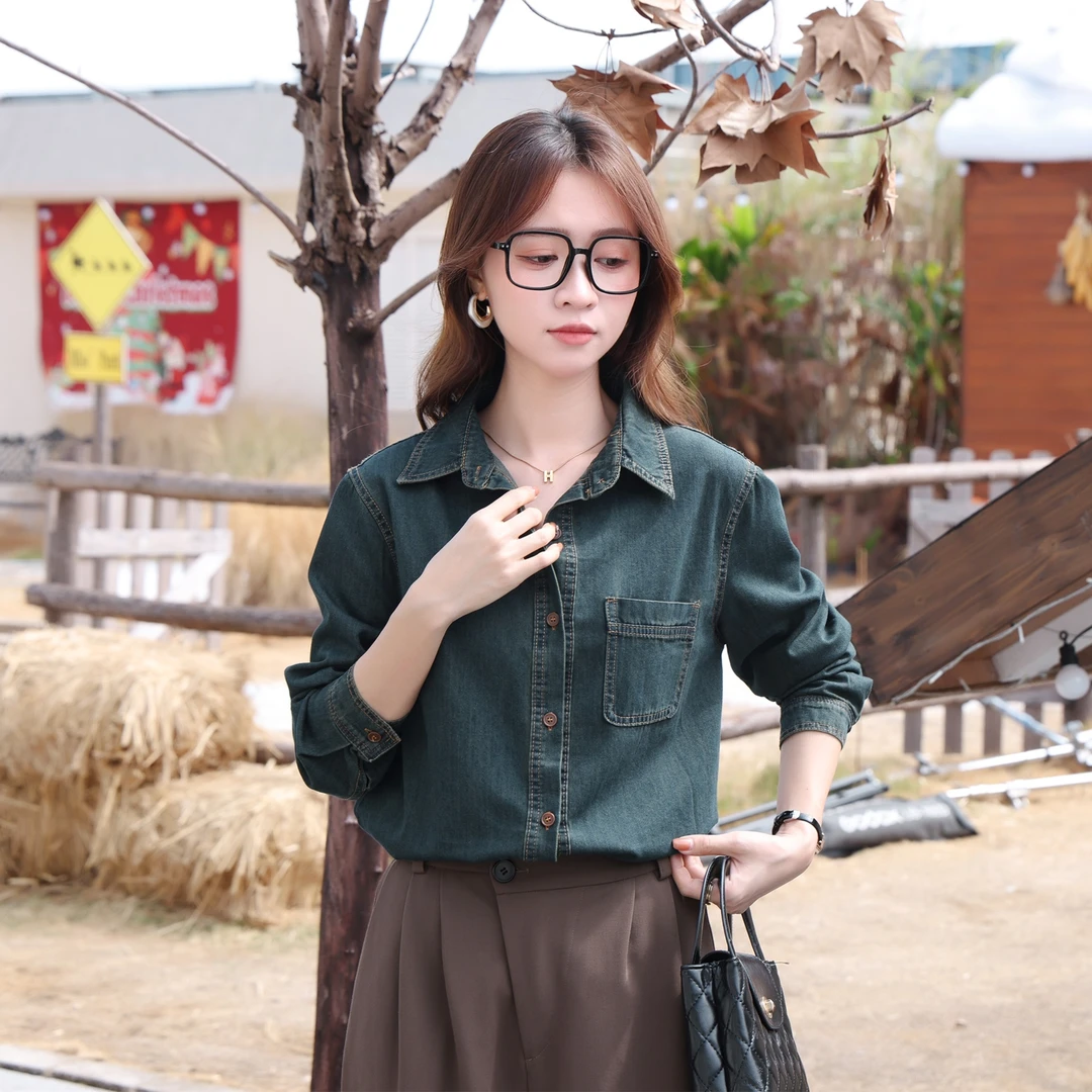 秋季叠穿内搭加绒加厚牛仔衬衣百搭长袖牛仔衬衫