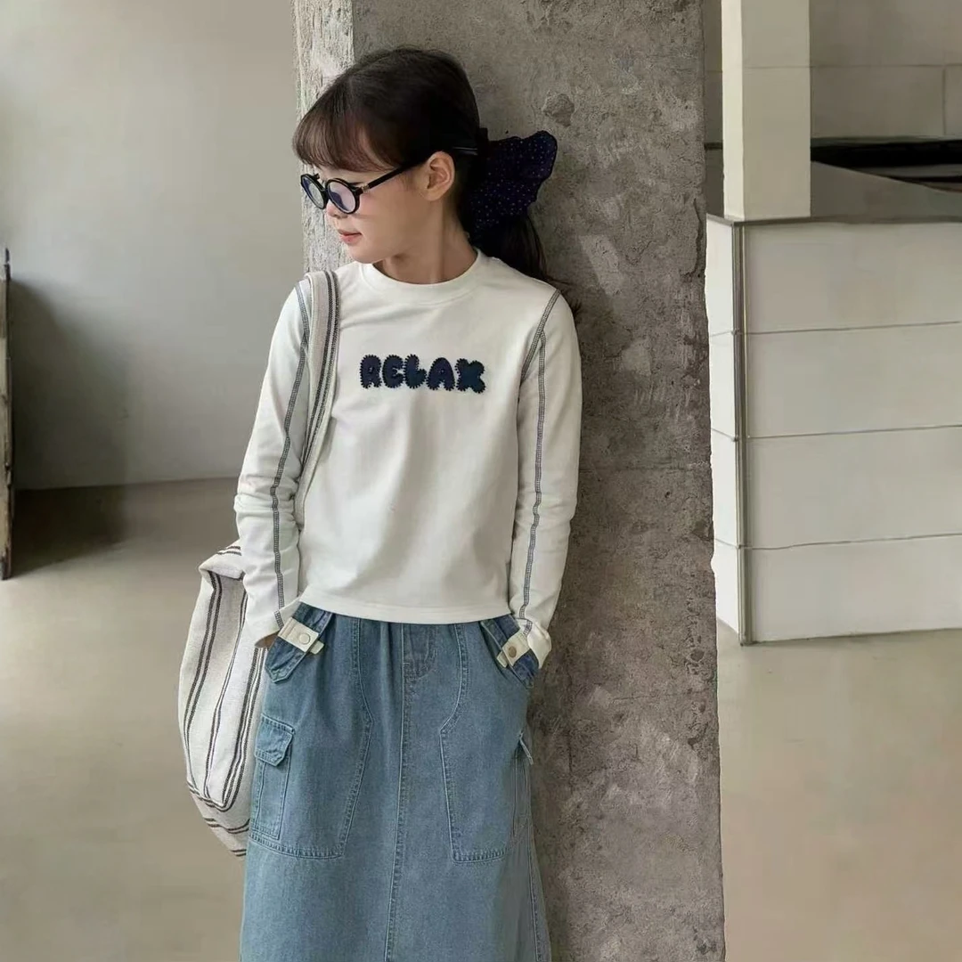 女童2025秋冬新款中大女童韩版休闲字母绣珠打底T恤253226