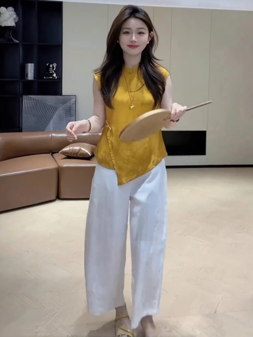 新中式国风时尚套装女2025夏季盘扣衬衫轻奢高级小众女装两件套