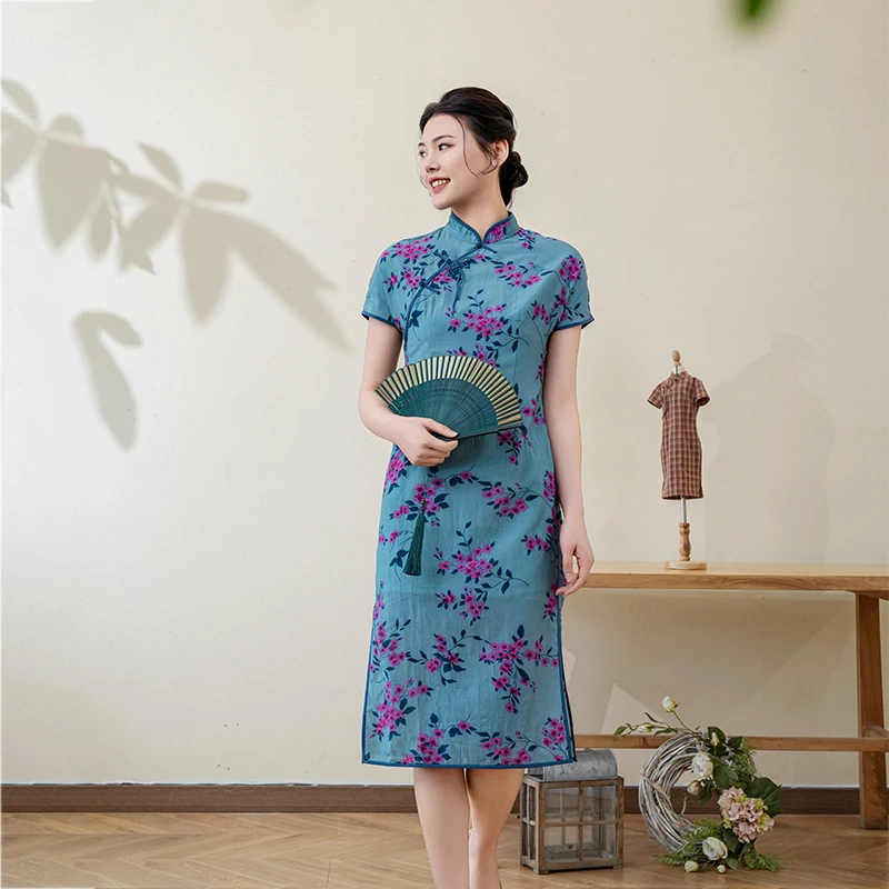 LXQP7布符夏季镶边连袖旗袍手工花扣端庄典雅简约复古