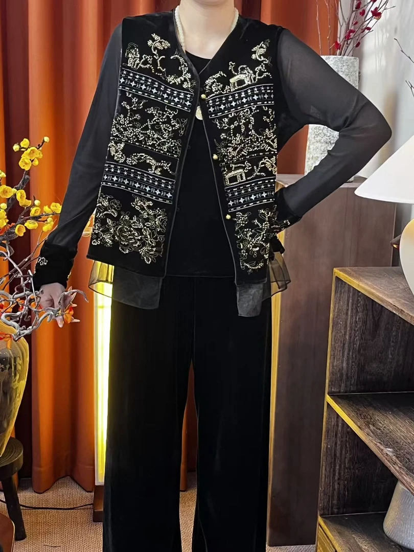 植物花卉女钉珠立领刺绣花朵马夹气质秋季上衣国风