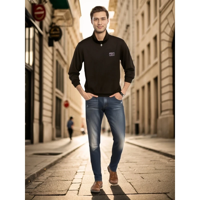 JFT新款男士商务轻奢长袖欧货时尚秋冬保暖圆领卫衣黑色