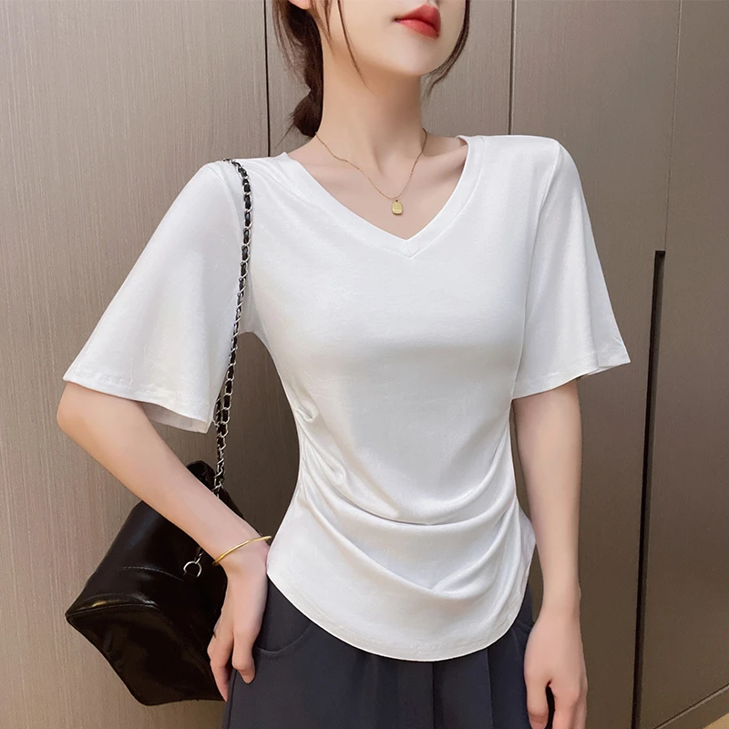 白色短袖T恤女2025夏季新款韩式螺纹V领修身显瘦内搭打底体恤上衣
