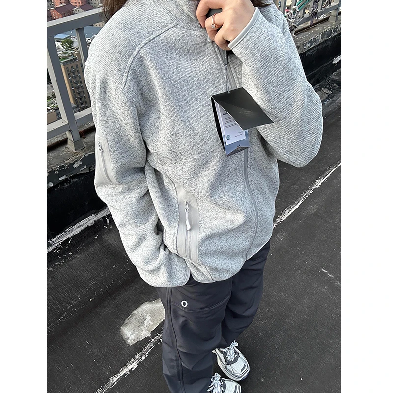 原子灰内胆抓绒外套男秋冬美式复古拉链开衫卫衣户外运动立领夹克