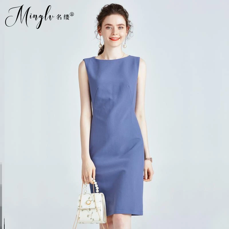 百搭OL通勤连衣裙女夏款无袖纯色中长款A字裙气质知性裙子一步裙