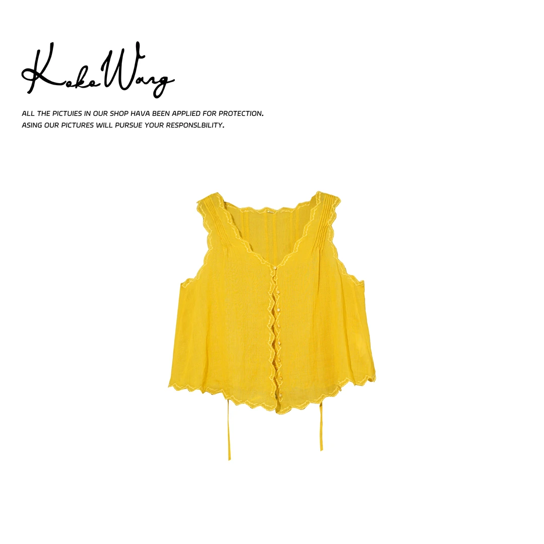 KOKOWANG天丝苎麻V领刺绣波浪边时尚无袖背心上衣521675C22T50