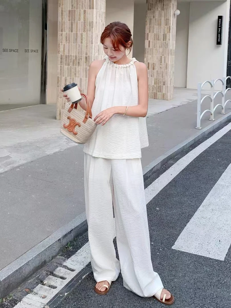 无袖挂脖上衣阔腿裤套装女2025夏季穿搭减龄慵懒松弛感一整套2538