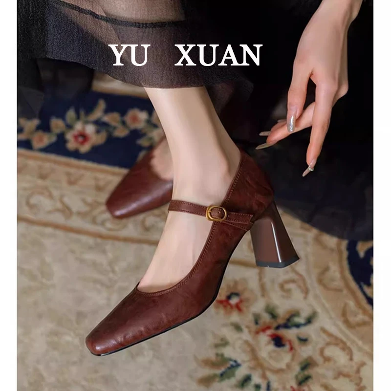 2025春秋新款法式复古粗跟软羊皮黑色高跟鞋一字带玛丽珍鞋女单鞋