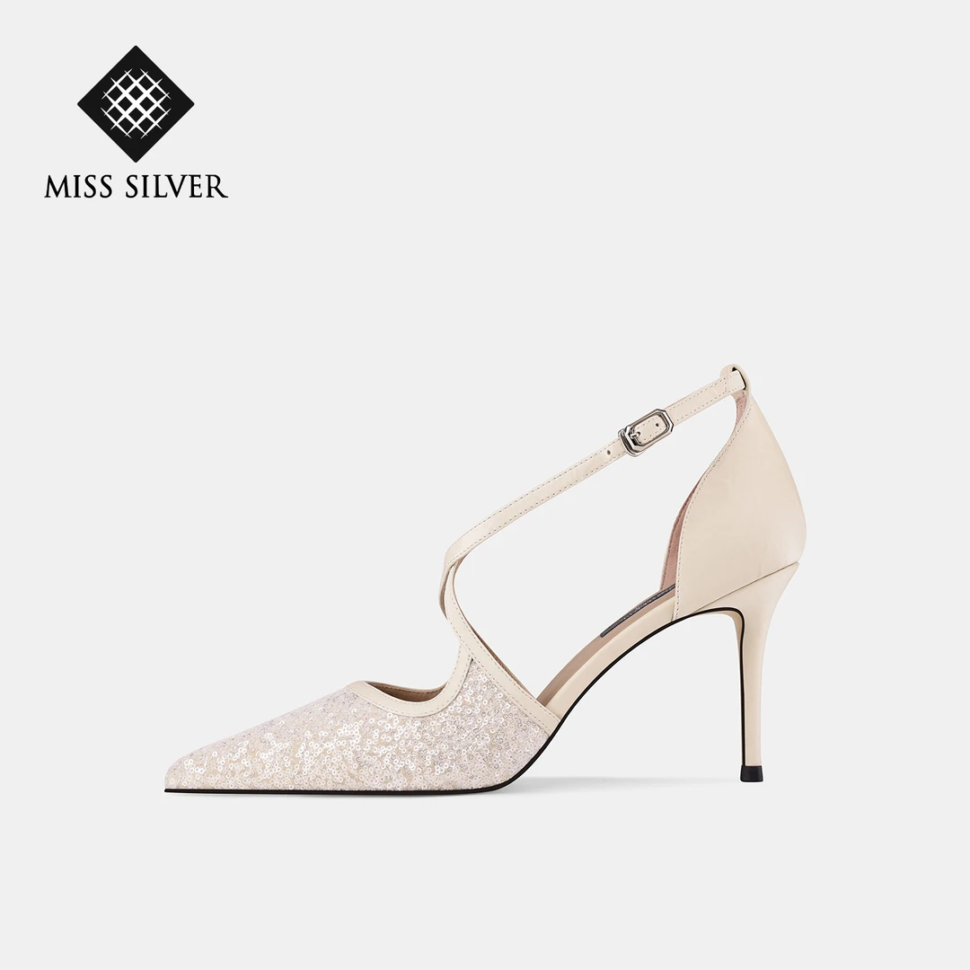 【限定幻莹】MISSSILVER2025夏季新款尖头性感亮片交叉绑带女鞋