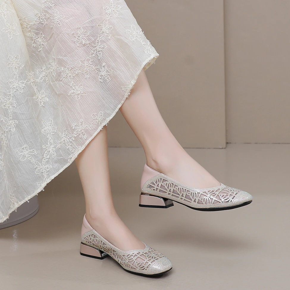 镂空新款网纱凉鞋时尚2025夏季单鞋真皮女鞋软底透气舒适妈妈鞋