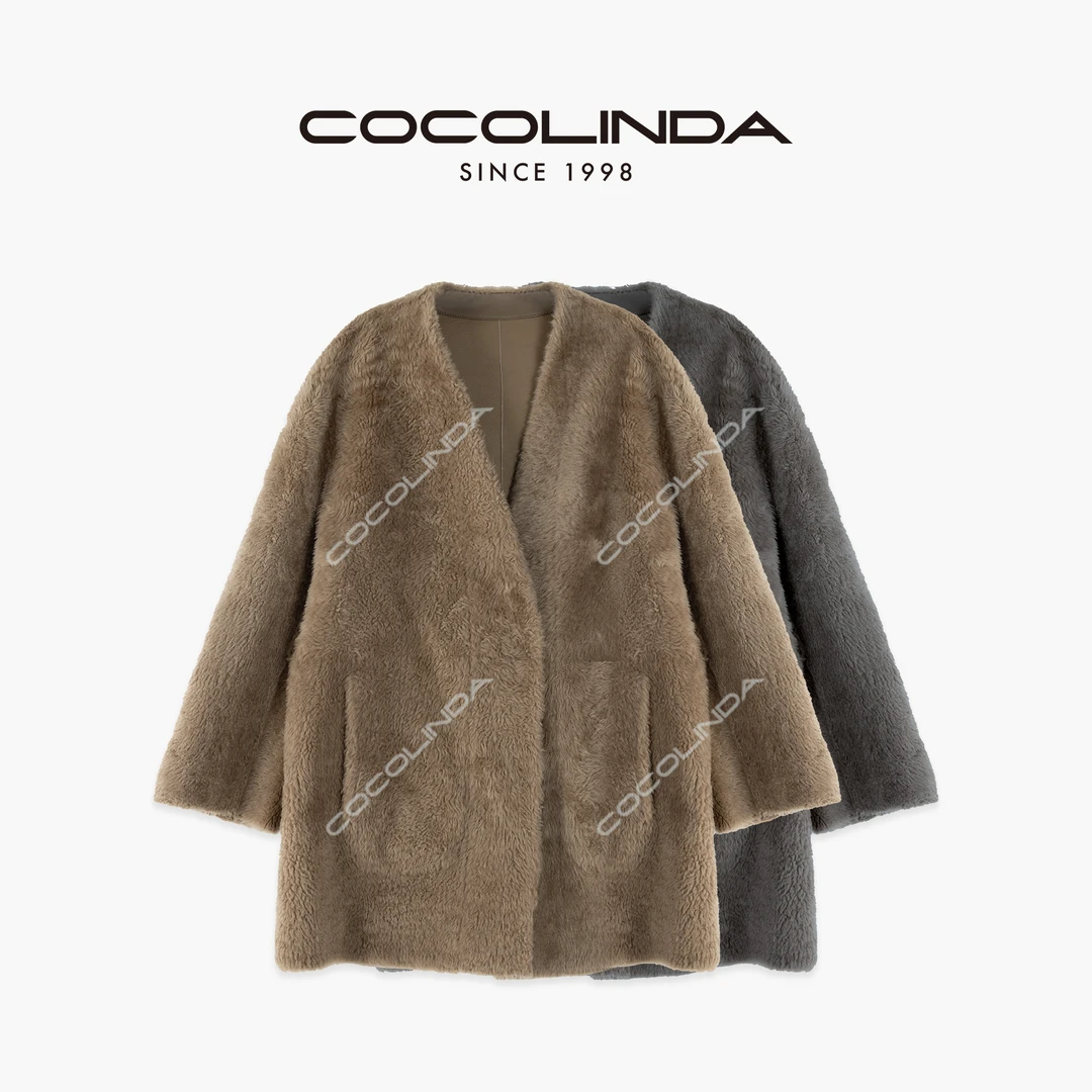 COCOLINDA"御寒皮草“【皮毛一体】西班牙美利奴轻奢无领中长款D2242