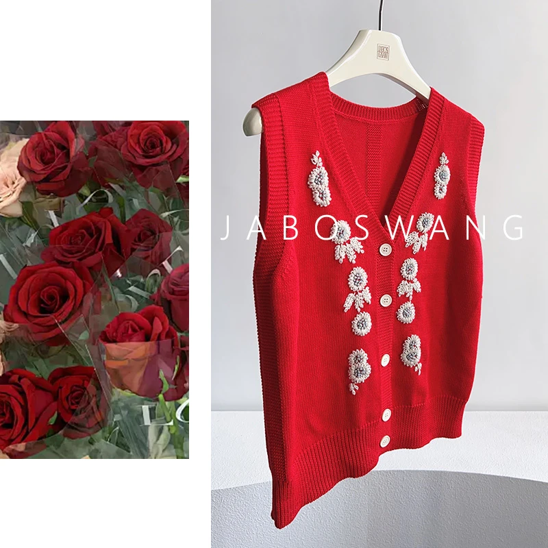S975红纯刺绣毛衣2025春季新款时尚百搭V领无袖马甲女