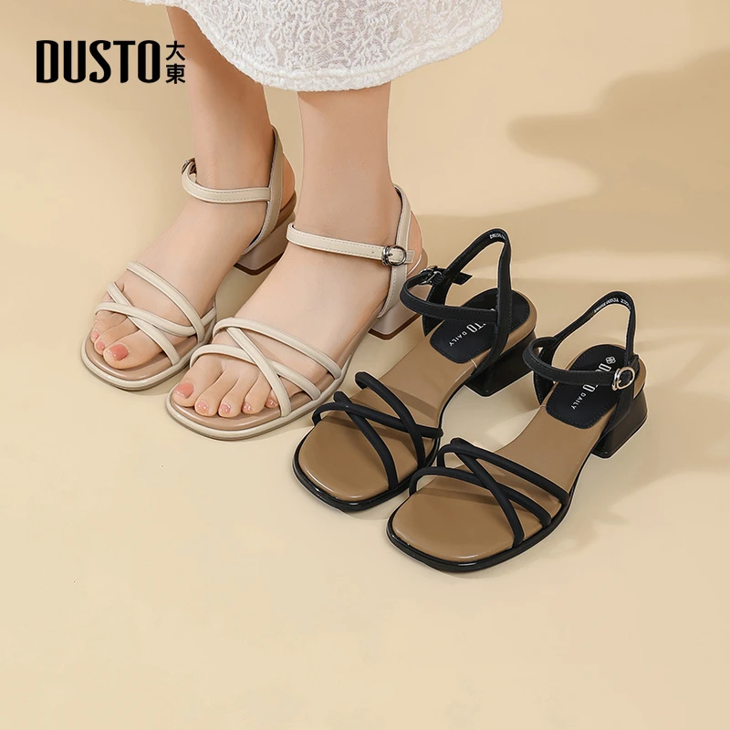 大东女鞋2025夏季新款时尚交叉绑带粗跟罗马凉鞋百搭简约鞋子0053