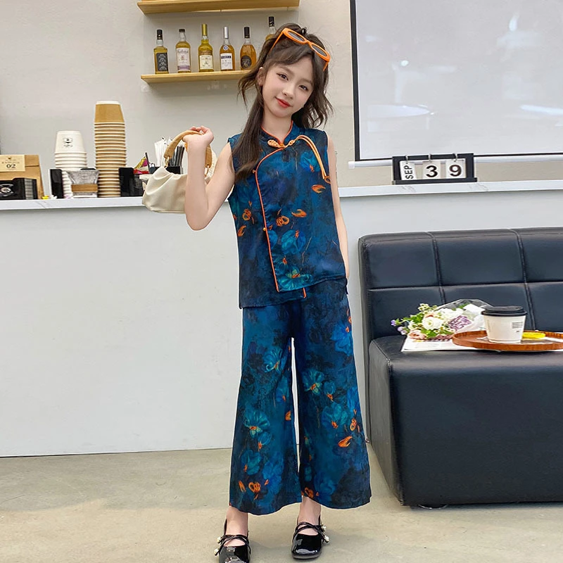 女童夏季新中式古风洋气时髦女童套装小女孩薄款中大冰丝新款