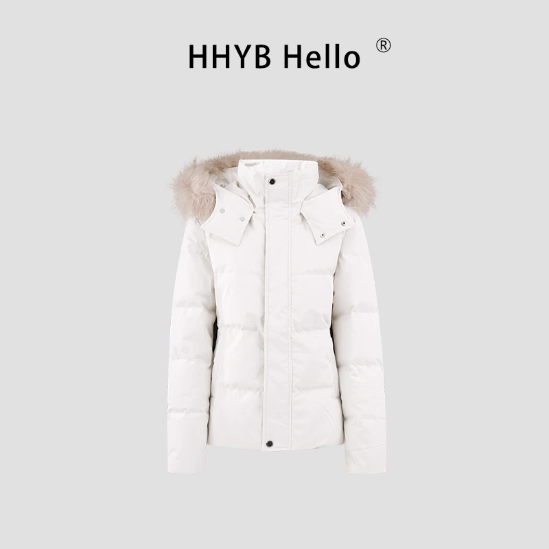 HHYB Hello纯色基础收腰版羽绒服白色修身可拆卸毛领外套Q252087
