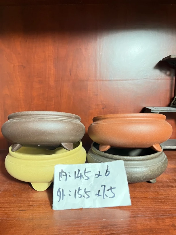 紫砂红清水三足香炉大号花盆内口径14.5，内高6