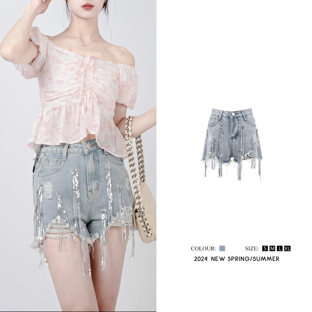 夏季新款牛仔短裤设计感高腰破洞百搭显瘦裤子585215