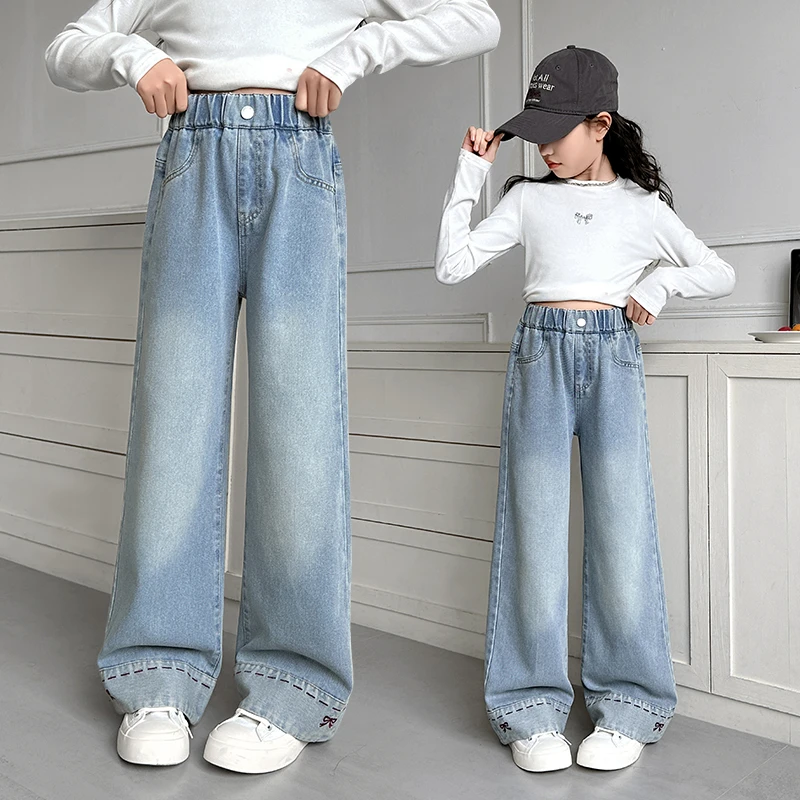 女童阔腿牛仔裤2025新款春秋装中大童宽松休闲直筒牛仔长裤网红潮