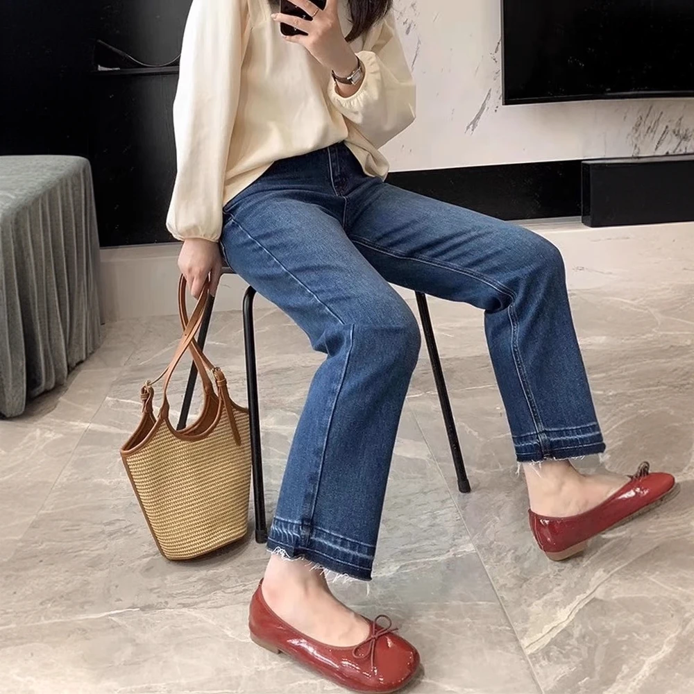 梨形身材直筒牛仔裤女春季新款大码胖mm高腰显瘦九分弹力烟管裤子