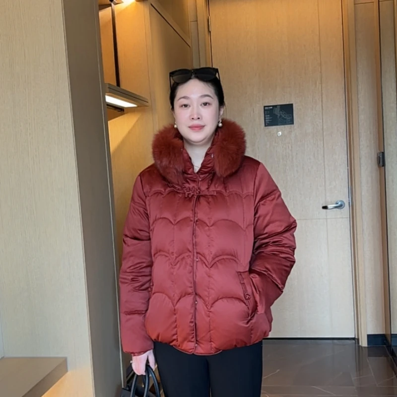 中年妈妈羽绒服2025新款老人女款冬装中老年人短款狐狸毛外套大码