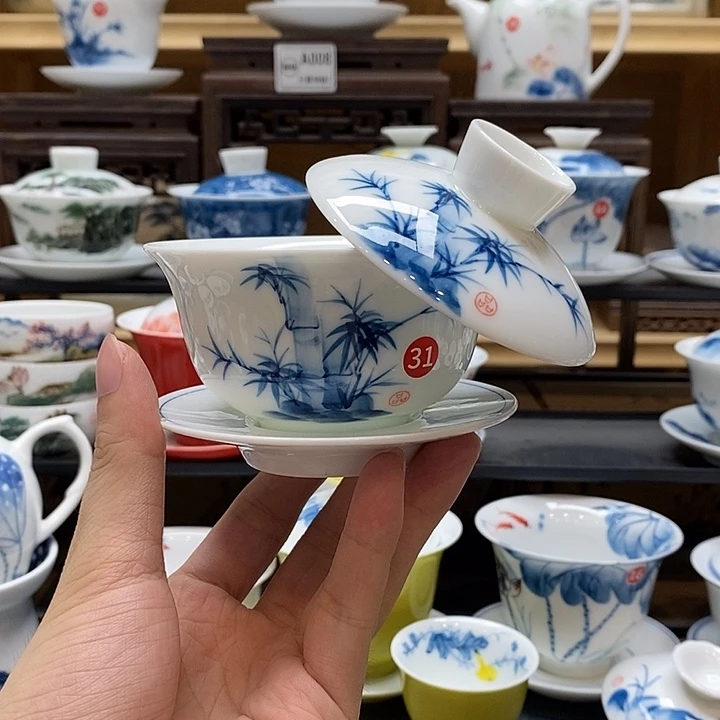 手绘竹子盖碗悬停150cc釉下彩微瑕福利款