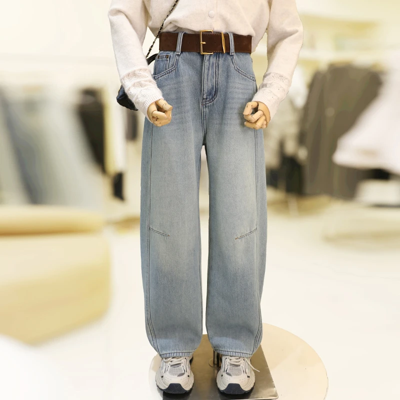 zaw大码女装加绒老爹牛仔裤女秋冬季阔腿宽松弯刀裤胖mm显瘦25538
