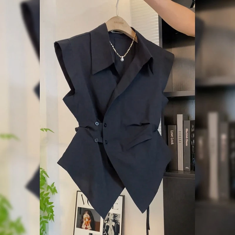 法式高级感黑色翻领修身无袖衬衫上衣2025年夏季新款小衫衬衣女装