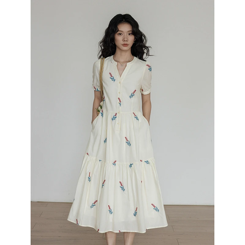 vastand维尚 法式刺绣白色连衣裙夏季裙子慵懒风长裙出游温婉洋气