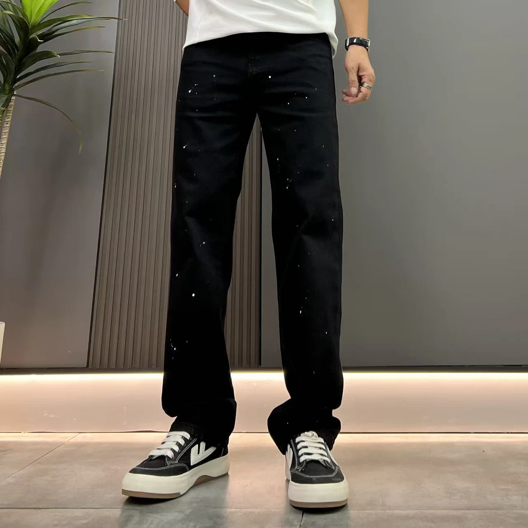 秋冬弹力泼墨漆点窄版男士直筒牛仔裤爆款个性潮流时尚百搭牛仔裤