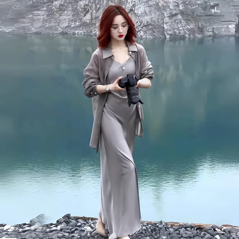 高级感莱赛尔天丝衬衫女神时尚套装2025夏季新款防晒衫百搭连衣裙