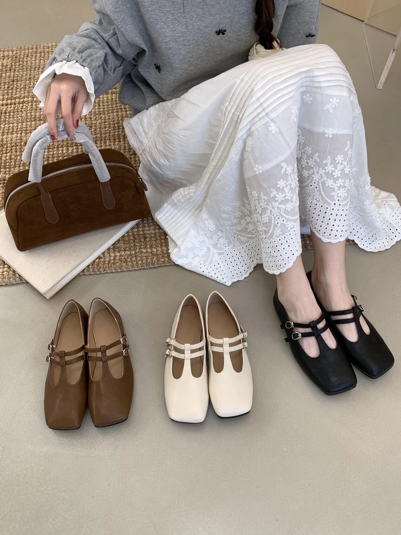 B1 20-1 法式平底复古玛丽珍单鞋女鞋子2025新款T形设计款单鞋