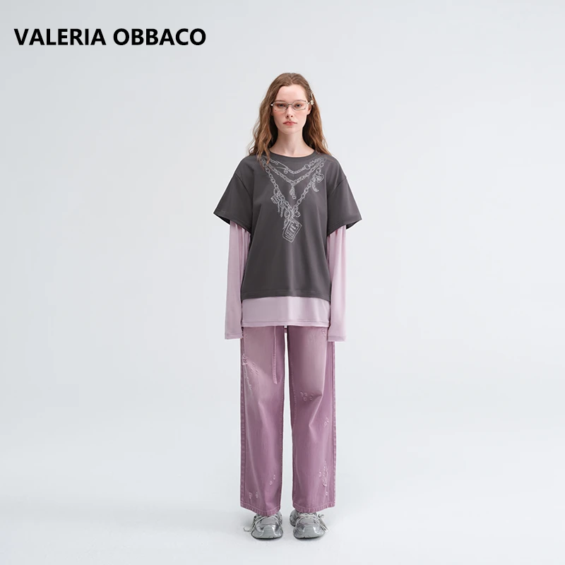 VALERIAOBBACO/瓦莱丽娅 奥贝科VO紫色爱心口袋工装牛仔裤