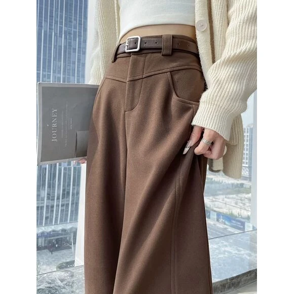 复古咖色毛呢西装裤女秋冬季2025新款宽松显瘦直筒垂感拖地阔腿裤