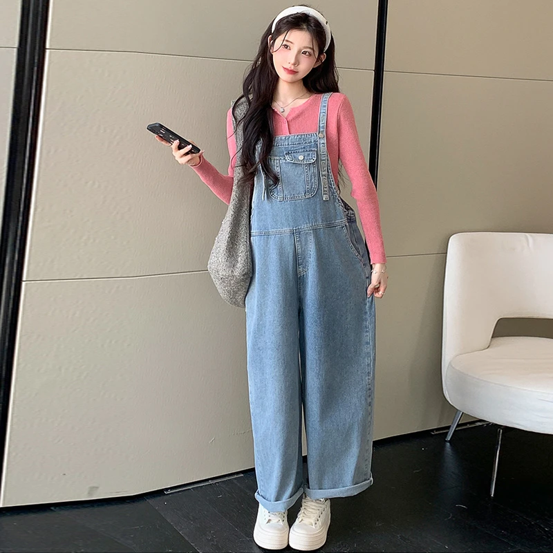 孕妇背带裤套装2025秋季韩版新款时尚甜美牛仔阔腿裤春秋款两件套