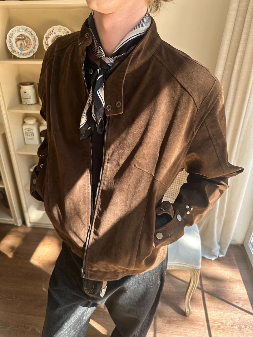 【EME】秋季新款”摩登年代“复古绒皮工艺立领哈灵顿夹克外套