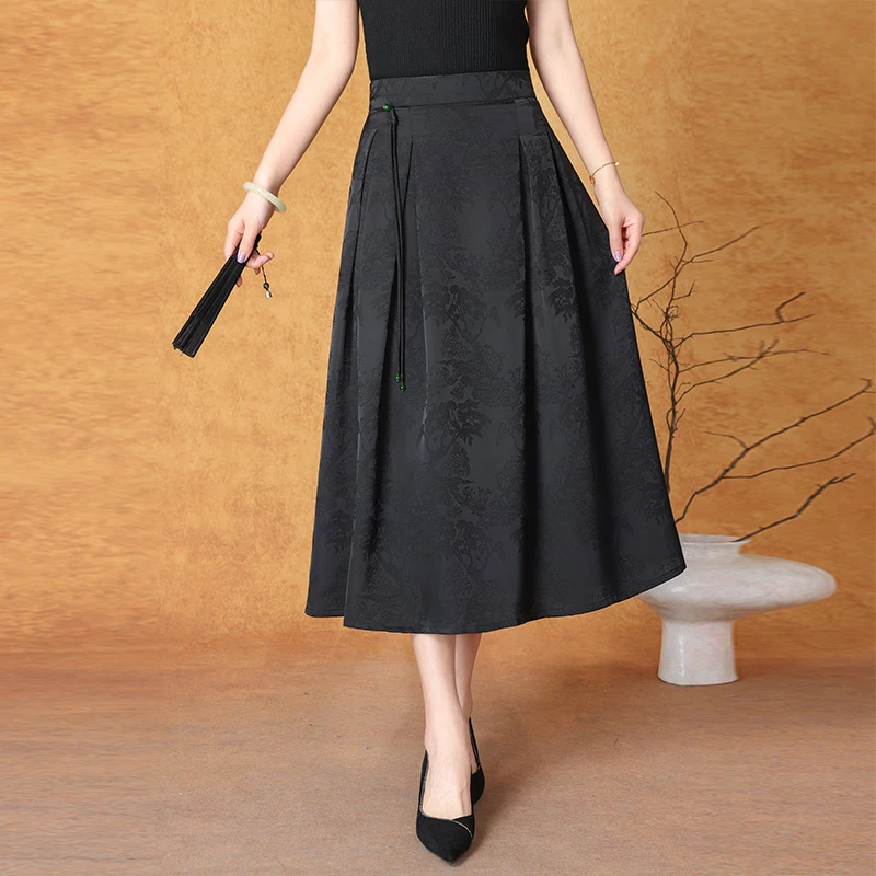 复古国风提花香云纱马面裙春夏中长款高贵气质妈妈装真丝半身裙子