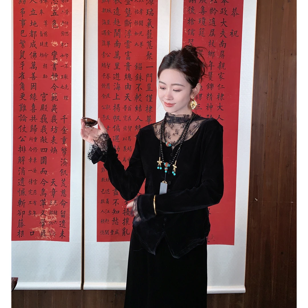 果果家 新中式2025秋季修身型长袖蕾丝打底衫上衣开衫小衫