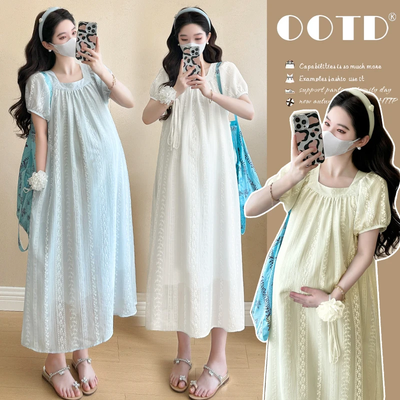 Y3921#5.7孕妇2025夏季韩版时尚重工提花减龄显瘦气质甜美连