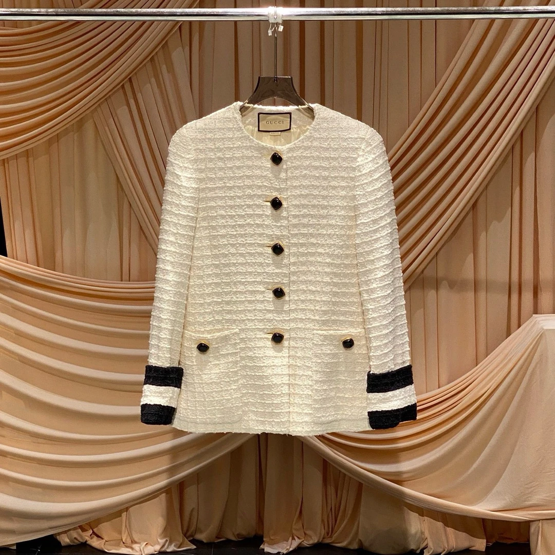 未使用 GUCCI/古驰 米白色棋盘格粗花呢大衣/38码/33841