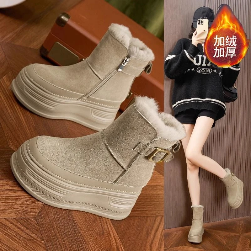 明星网红内增高雪地靴女2024年冬季新款加绒加厚爆款百搭马丁短靴
