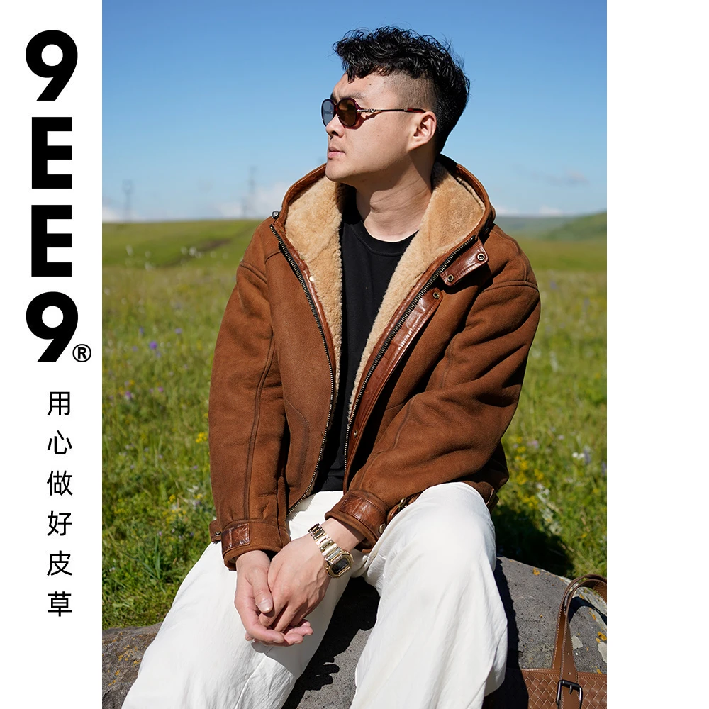 西班牙美利奴皮毛一体男冬季保暖皮衣绒面皮连帽防风外套F033